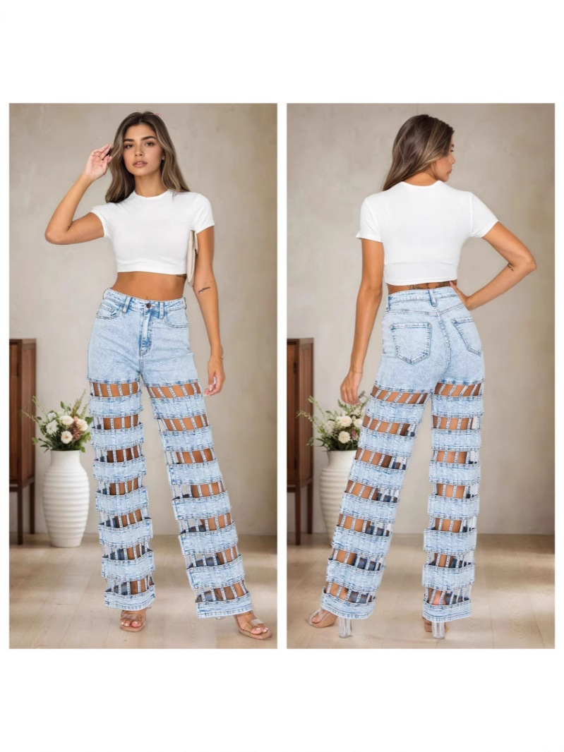 European and American Style Ripped Jeans Amazon Cross-Border Women's New Street Fashion Hollow High-Waisted Straight Pants
