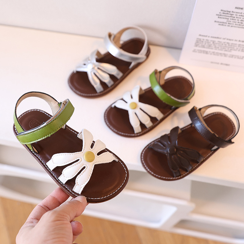 Girls Korean Style Retro Summer Open Toe Flower Baby Beach Sandals Soft Sole Comfortable Roman Sandals for Children