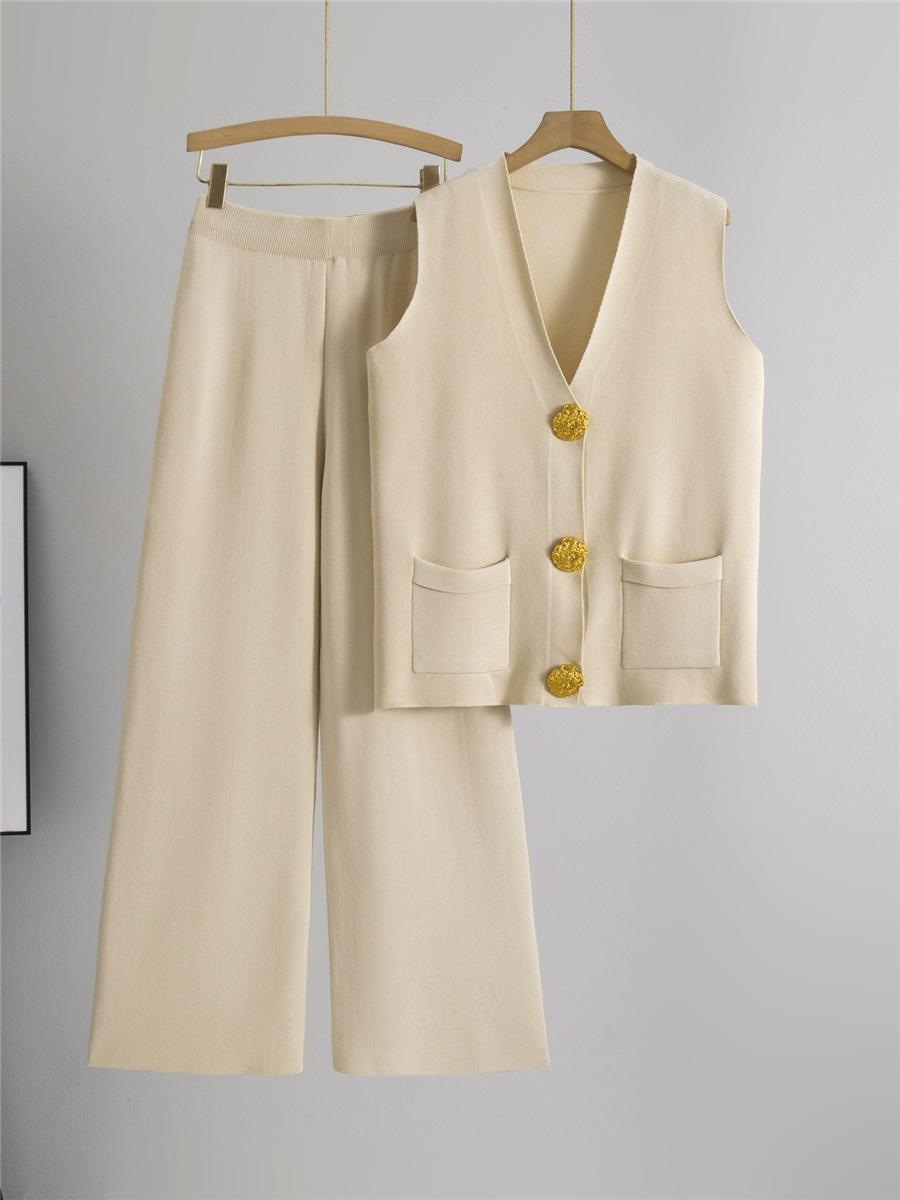 Cross-Border Fashion Suit Women's Summer New European and American Sleeveless Large Button Sweater Top Straight Wide Leg Pants Two-Piece Set