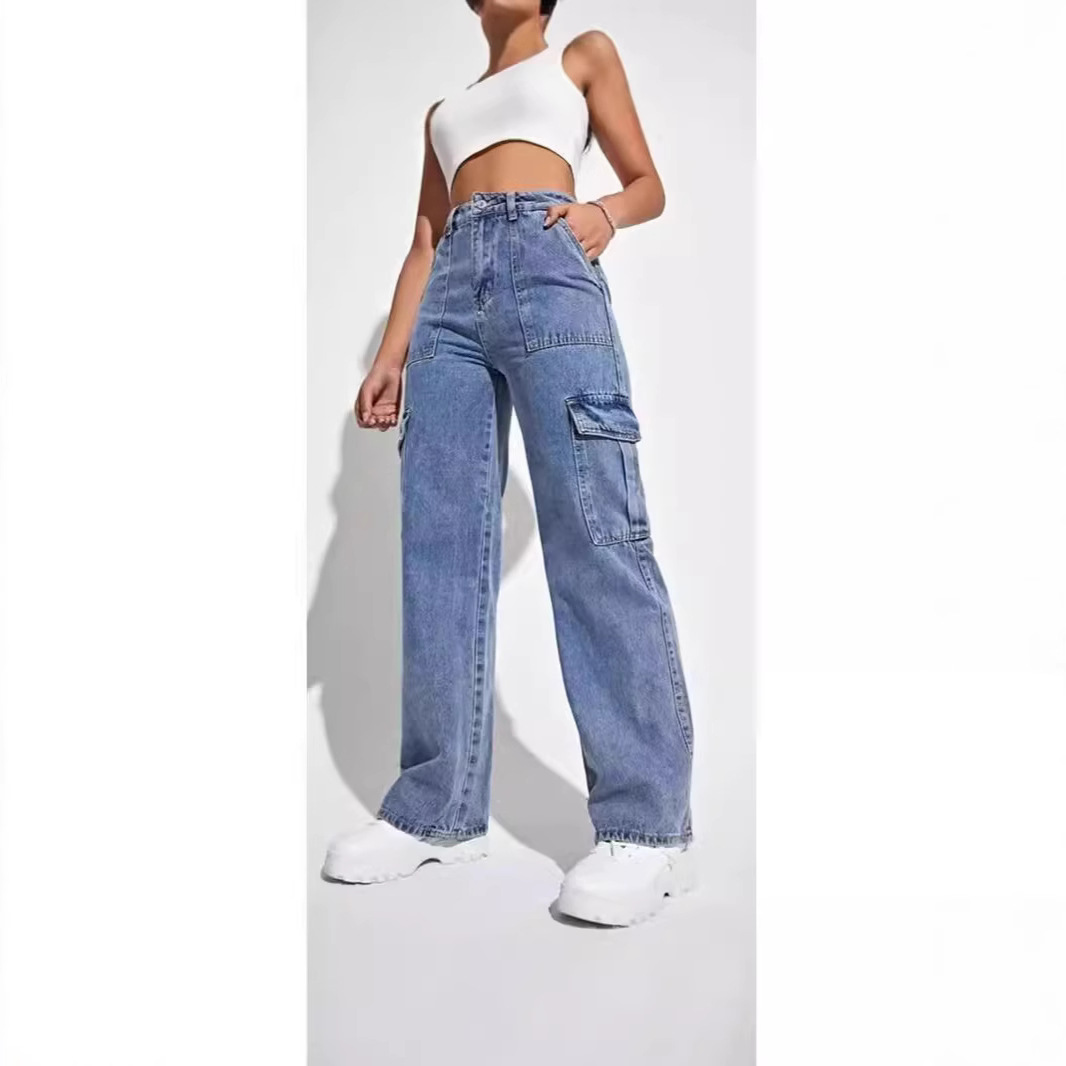Cross-border foreign trade explosions American retro women's high waist overalls pants multi-pocket straight high street fashion brand Denim trousers