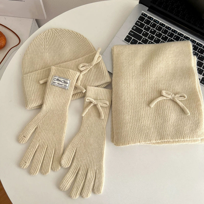 Picture of 25 Years New Korean Woolen Hat Pure Color Scarf Gloves Hat Winter Warm and Cold-Proof Knitted Three-Piece Suit