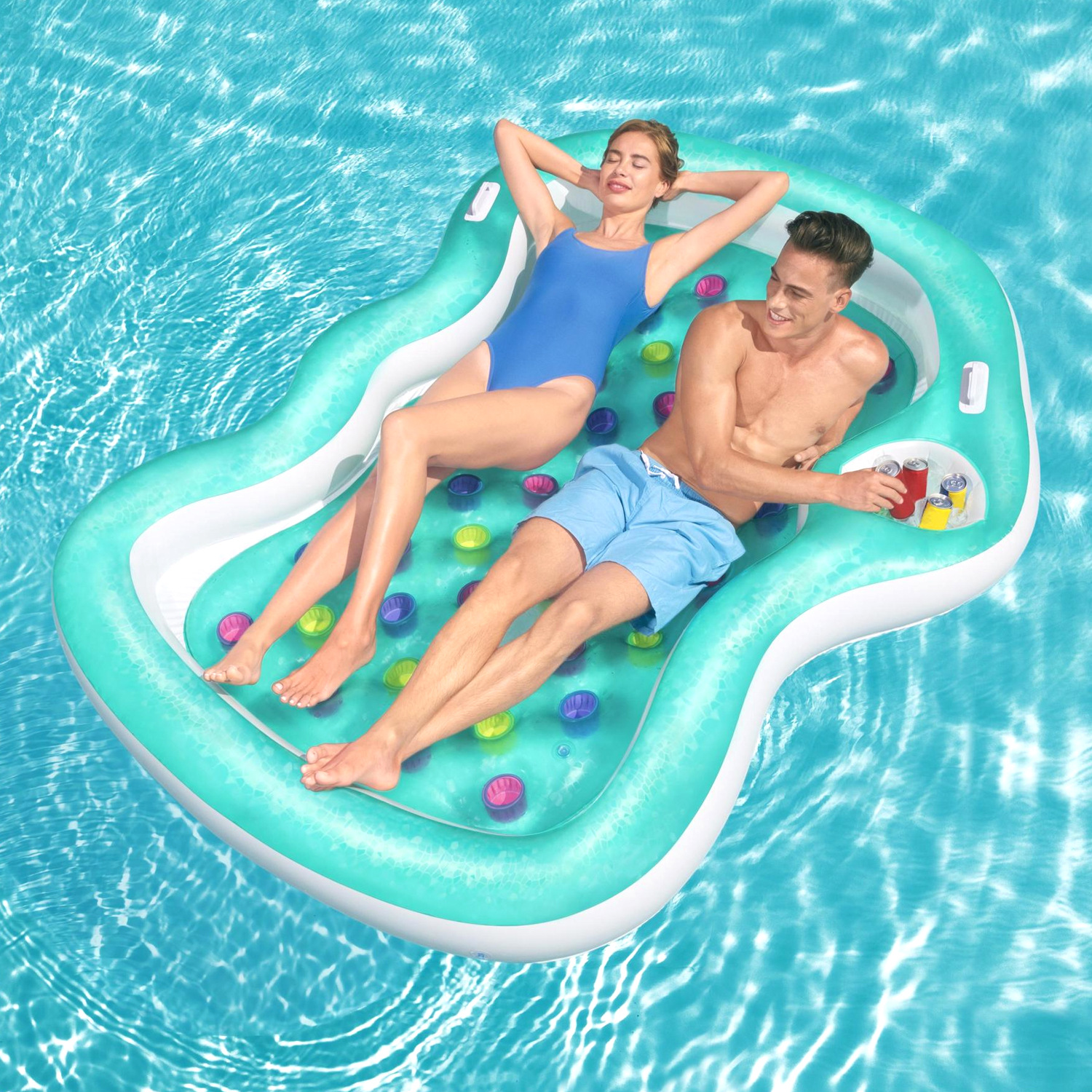 Picture of Water Inflatable Floating Row Floating Bed Queen Adult Pool Leisure Chair Floating Cushion with Backrest and Cup Holder