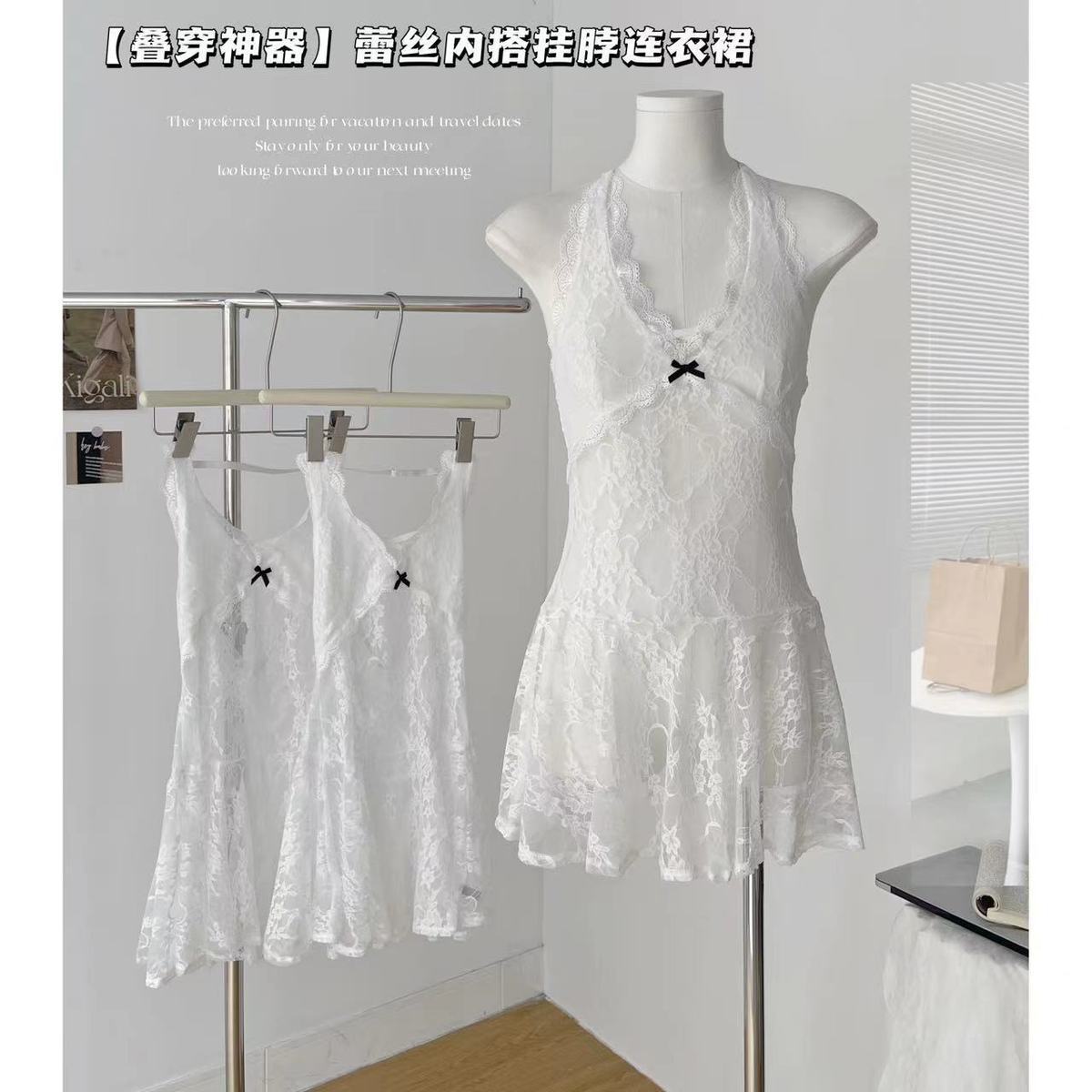 Picture of Stacked Artifact Sweet Sexy Lace Neck dress Women's Early Autumn Thin Slim-Fit Bottoming A- Shaped Short Skirt Trendy