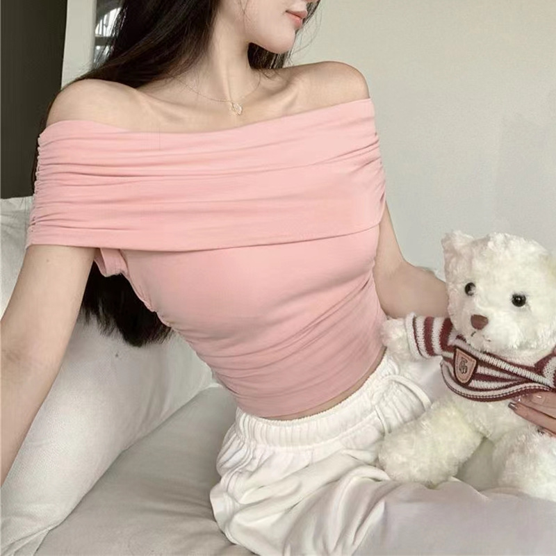 Picture of Shoulder Collar Chic Beautiful Knitted Top 2024 Summer New Slim-fit Slimming Sexy Short-sleeved Shirt for Women
