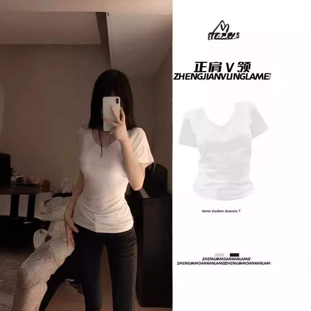 Picture of American Style V-neck Shoulder Pure Black Short-sleeved T-shirt Women's Summer New Slim-fit Spice Girls Niche Slimming All-match Top