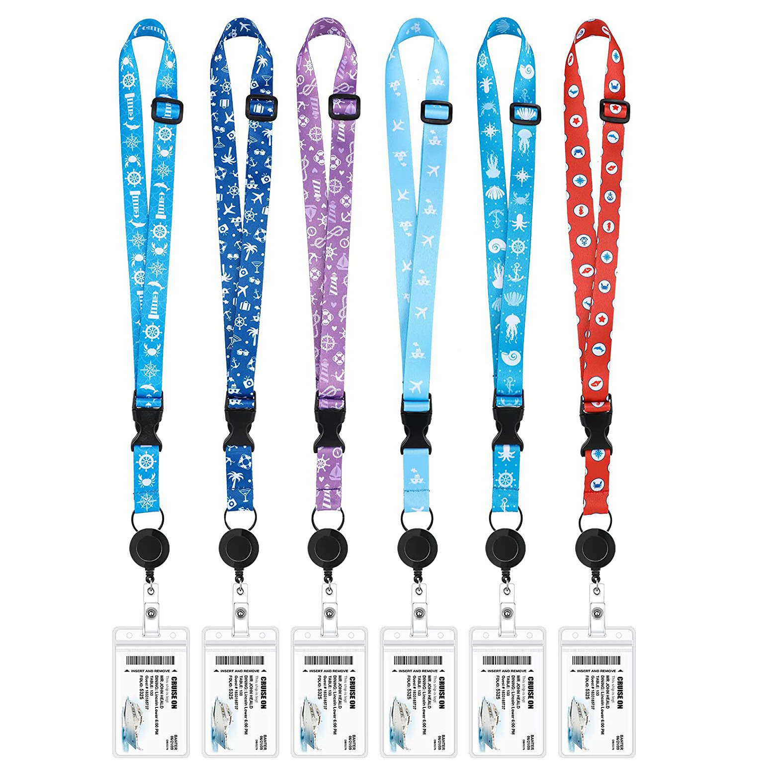 Spot nautical world polyester printed lanyard with retractable fixed easy pull buckle easy pull pvc card holder