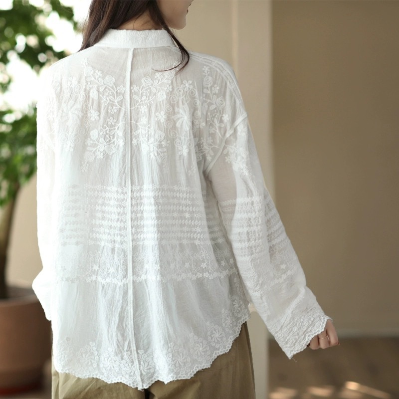 Picture of Spring and Autumn new artistic fresh loose cotton lace embroidered single-breasted Shirt women's casual irregular top