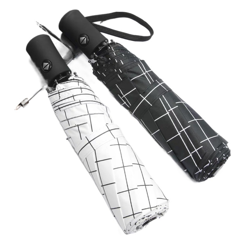 Full-Automatic Umbrella Women's Sunny and Rainy Dual-Use Simple Black and White Plaid Sunscreen and UV Protection Folding Umbrella for Students