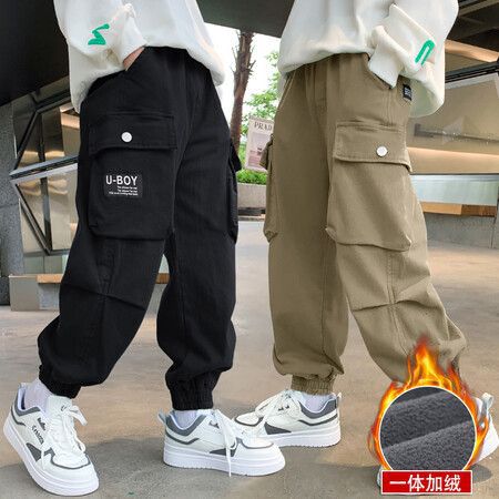 Boys' overalls pants spring autumn winter 2024 new winter big children autumn one fleece-lined casual boy