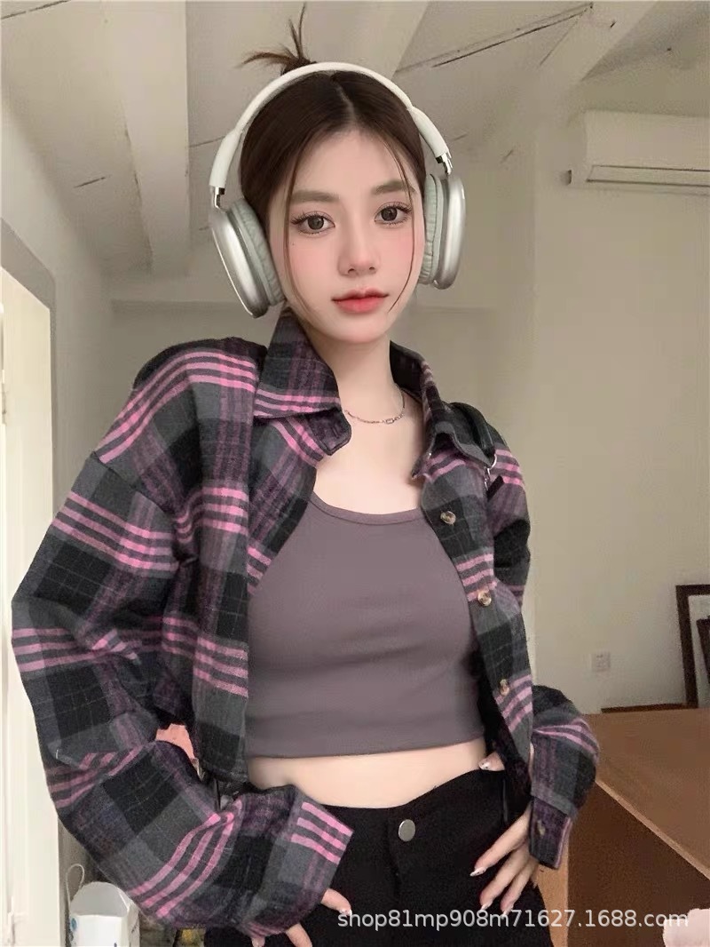 American Style Short Plaid Embroidered Long-sleeved Shirt Women's Spring and Autumn Loose Hot Girl Navel High Waist Cardigan Coat Top