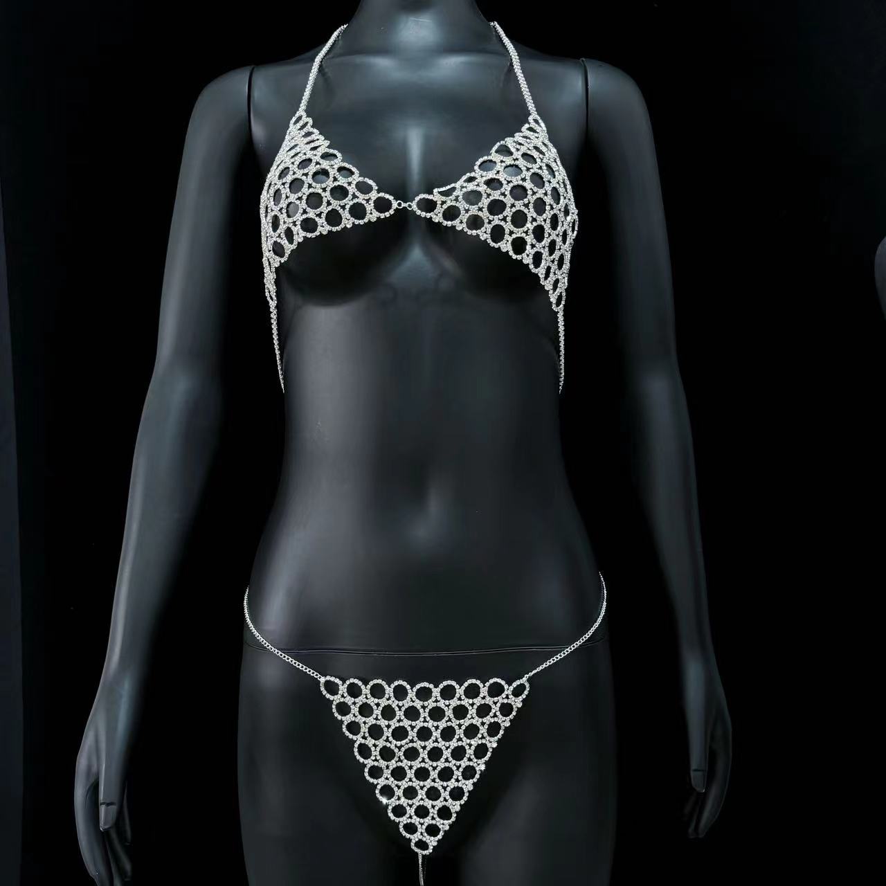 European and American Hot Sale Rhinestone Mesh Hollow Body Chain suit Fashion Sexy Full Diamond Shiny Bikini Body Chain