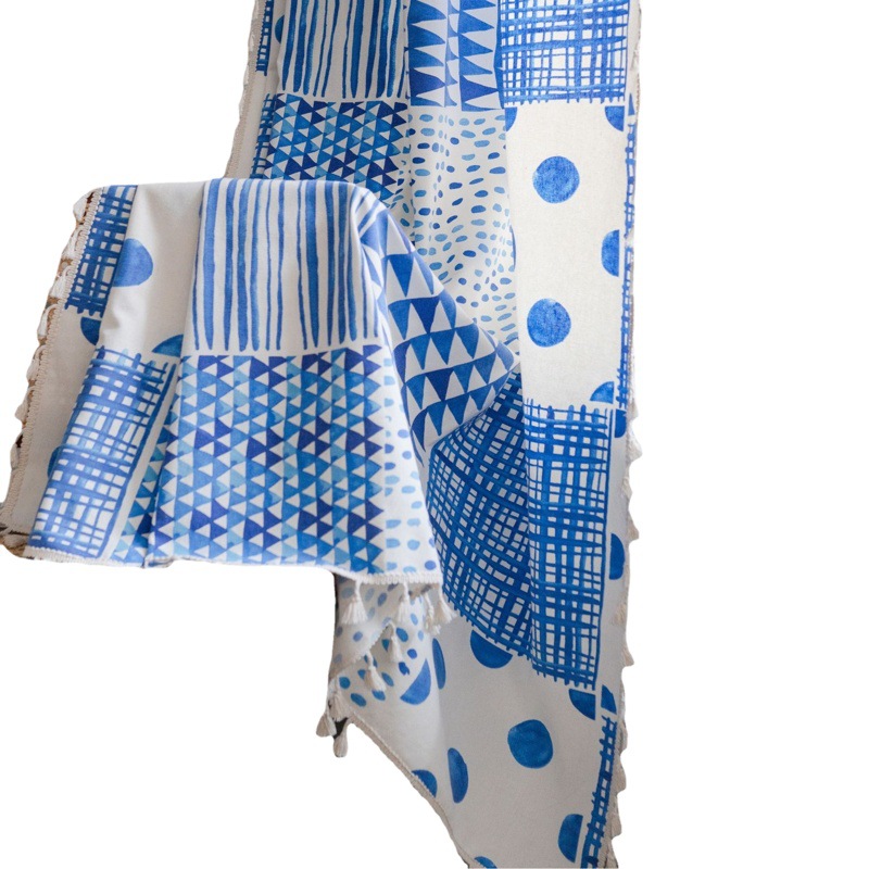 Yiman Qiyun Curtain Bohemian Style Blue Geometric Stitching Printed Curtain Finished Kitchen Curtain Bay Window