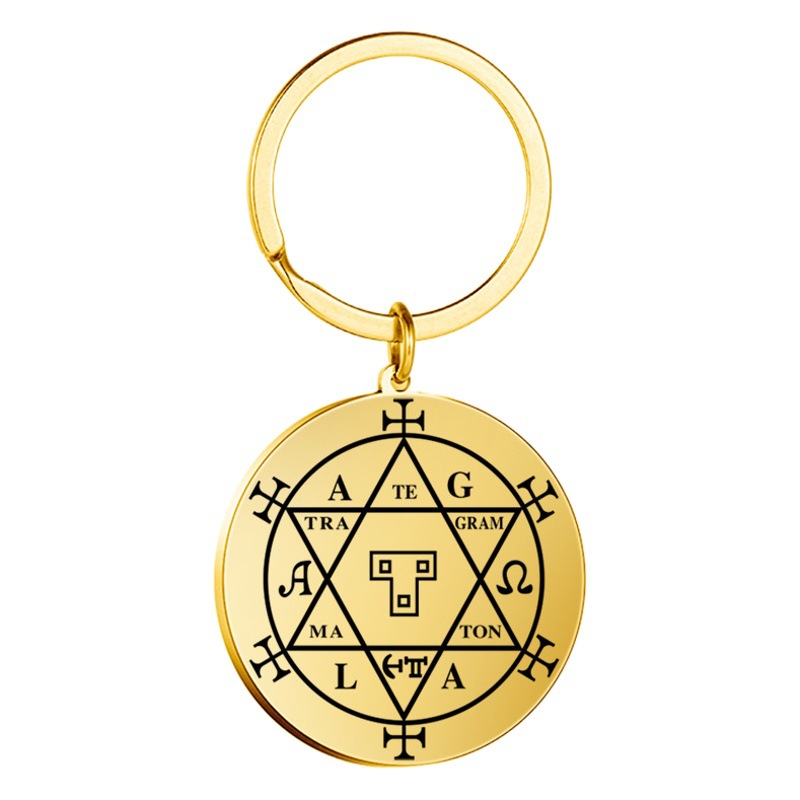 Cross-border e-commerce laser marking round key chain English unit six-pointed star round pendant stainless steel key chain
