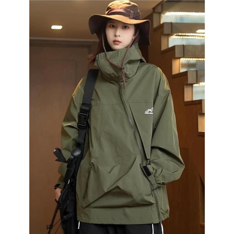 vintage American Style Outdoor Oblique Zipper Rain-proof Jacket Jacket for Men and Women Autumn and Winter Hooded Jacket Design Sense