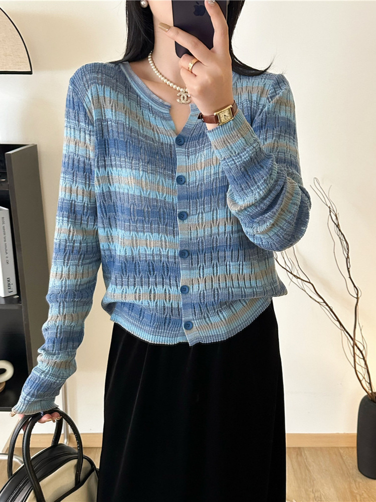 Picture of Spring and Autumn Contrast Color Striped Color Knitted Cardigan Top Women's New Casual Loose Hollow Bottoming Top Sun Protection Shirt