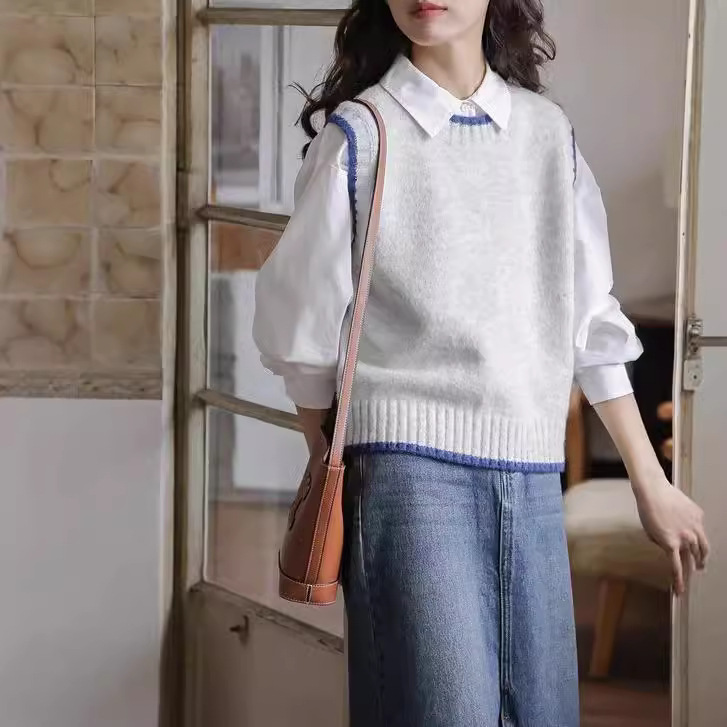[Ready Stock] Blue Snow Mountain/Scandinavian Style Gray Sweater Vest Women's Spring Sweater Bottoming Top Round Neck Vest