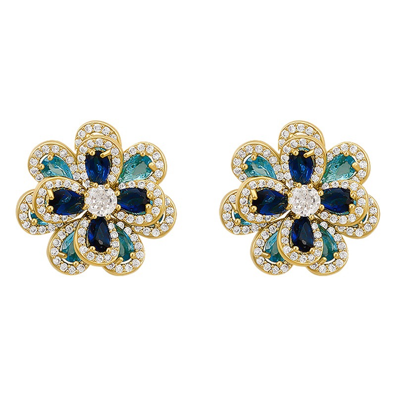 Retro Colored Diamond Summer Flower Earrings, Elegant Women's Exquisite Earrings, Versatile and Fashionable Ear Piercing Earrings