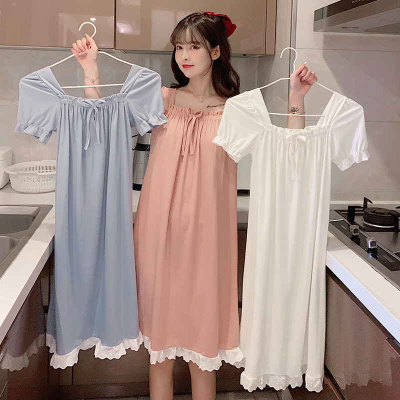 2021 Summer New Gentle Style Outwear Lace Mid-length Short-sleeved Nightdress Girl's Home Clothes Nightdress
