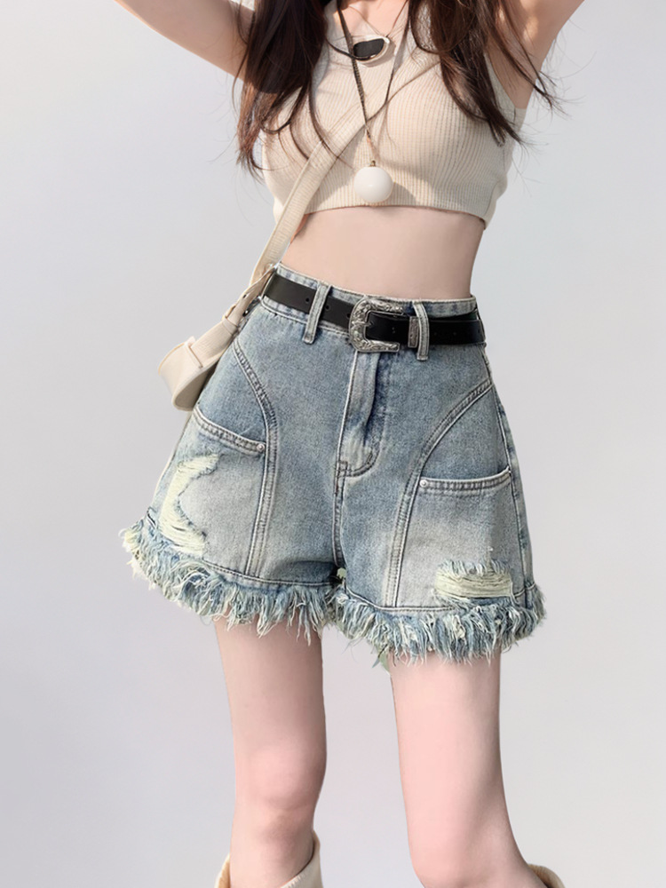 High Waist Denim Shorts Women's Summer Pants Retro Slimming Niche Design Sense Rapped Edge A- Shaped Pants for Summer