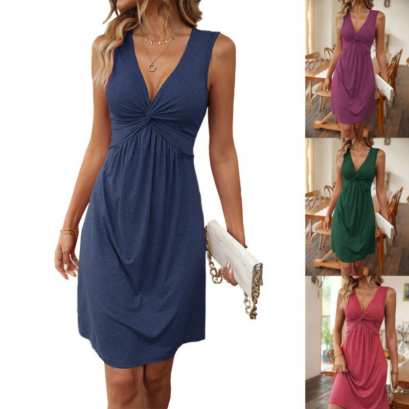 2025 Summer European and American Amazon Cross-Border Trade Sleeveless V-Neck Twist Pleated Waist-Cinching Mid-Length Dress
