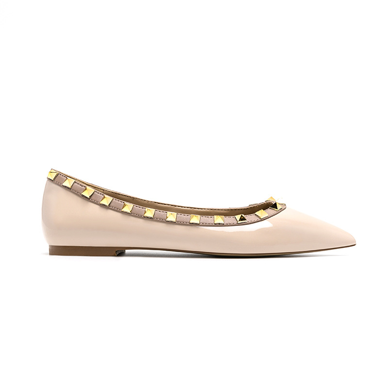 Picture of Nude Pointed Toe Shoes for Women 2024 Spring Shallow Patent Leather Versatile European and American Soft-Soled Boat Shoes Flats-Soled Rivet Shoes for Work Clothing