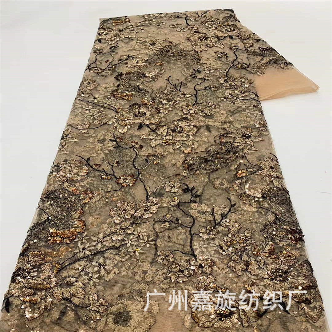 New Chinese Style Plum Blossom Branches and Leaves Gold Thread Embroider Sequin Lace Embroidered Cloth Han Dynasty Cheongsam Dress Fabric