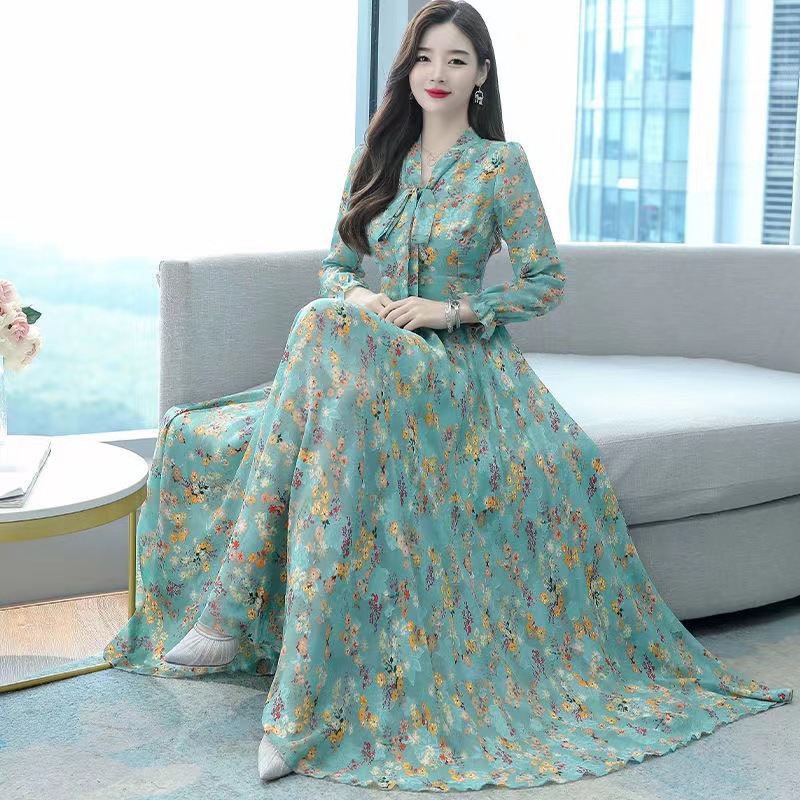 2023 Spring and Autumn New Mother's Wear Tight Waist Slim-Fit Slimming Over-the-Knee Bow V-Neck Chiffon Dress