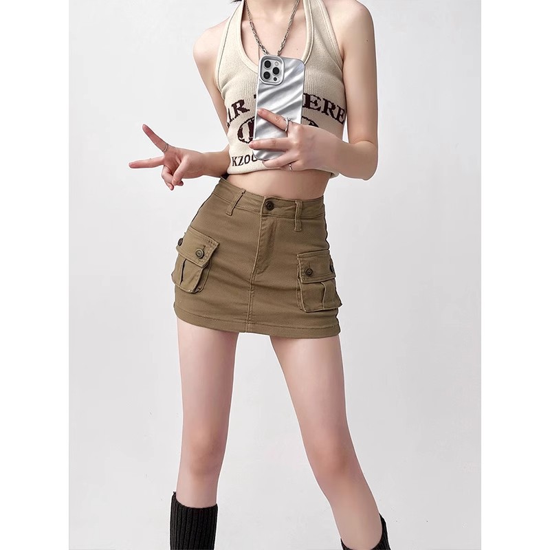 Internet Hot Spice Girl Denim Skirt Women's Summer Small Anti-glare A- line khaki High Waist Slim-fit Hip Wrap Skirt
