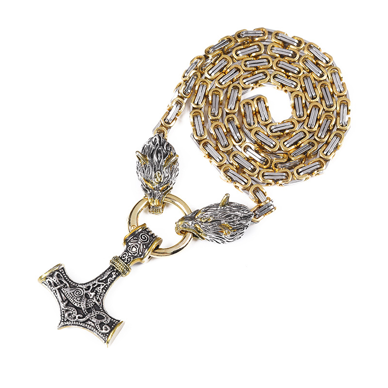 Picture of Foreign Trade Explosions Retro Nordic Viking Rune Hammer Pendant Wolf Head Necklace Bracelet Jewelry suit Stainless Steel Chain