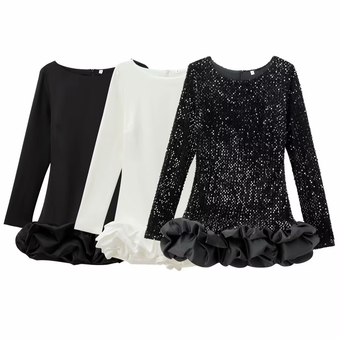 ZA cross-border can only wholesale French ballet style round neck sequins slim long sleeve dress socialite temperament skirt