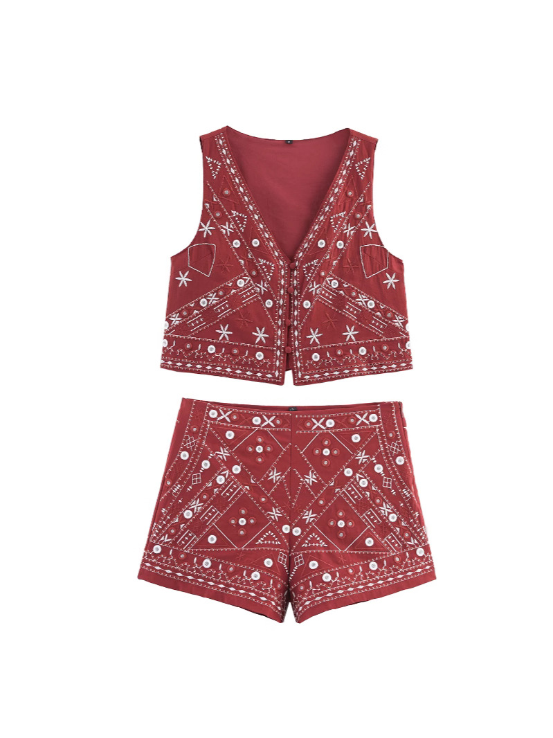 Cross-Border Aliexpress Women's Clothing 2025 Summer New Style French Retro Embroider Mirror Effect Short Vest Suit