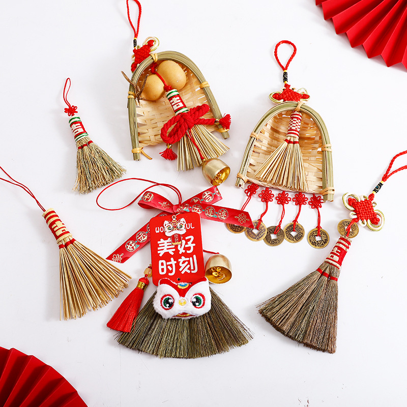 2025 New Year Bucket Auspicious Broom Pendant Flower bouquet Decorative Accessories Handmade DIY Gift Material Year of the Snake Red Rope