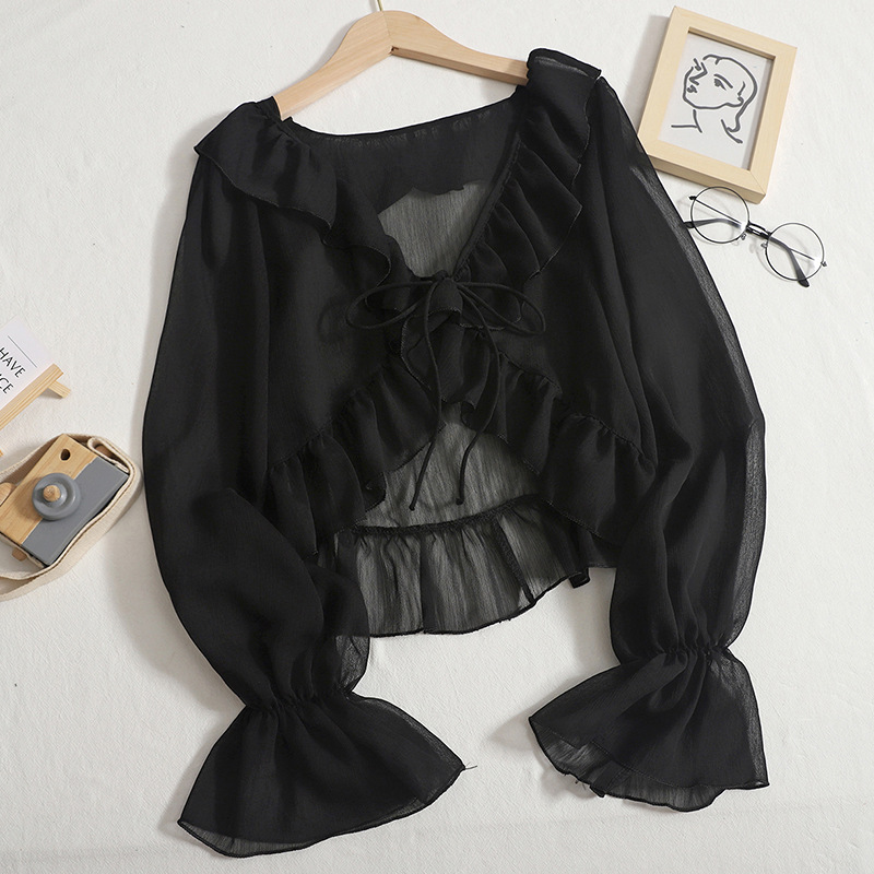Picture of New Ruffled Chiffon Sun Protection Clothing Shawl Factory Autum with Suspender Skirt Blouse Bell Sleeve Cardigan Short Outwear