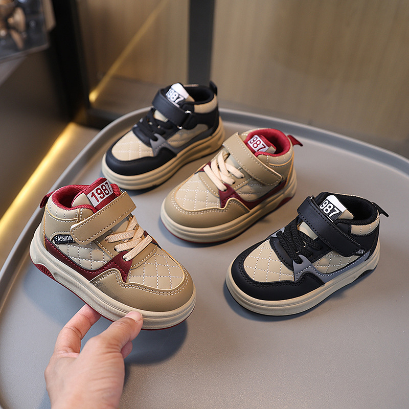 2025 Spring and Autumn Children's Sports Shoes Solid Sole Boys Basketball Shoes High Top Girls Velcro Bread Shoes