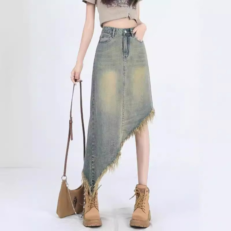 Vintage High Waist A- Line Denim Skirt Skirt Girl's Summer Irregular Design Long Skirt Small Tassed Skirt