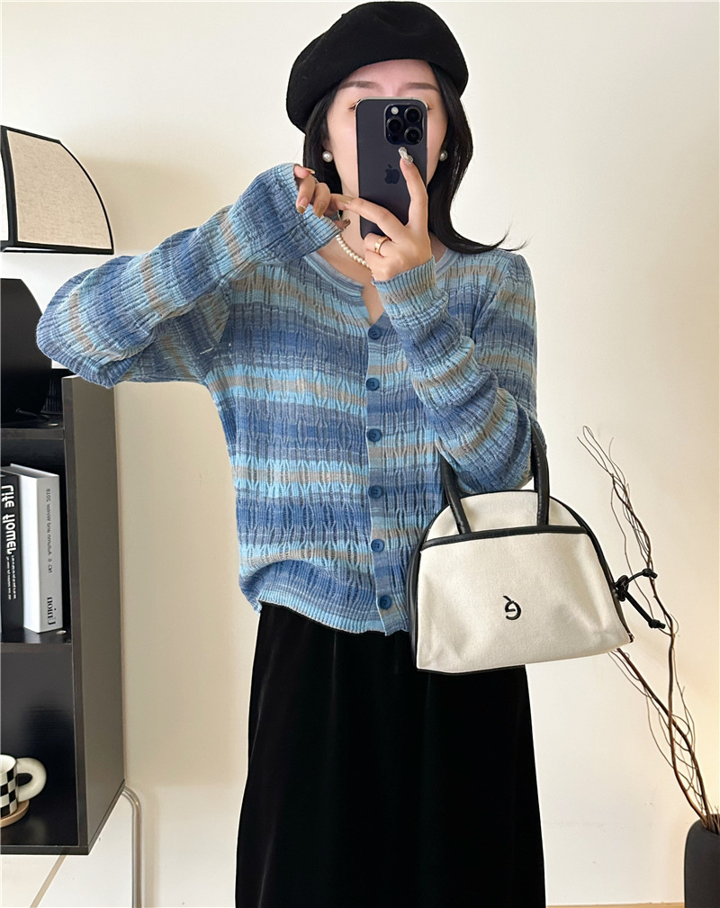 Picture of Spring and Autumn Contrast Color Striped Color Knitted Cardigan Top Women's New Casual Loose Hollow Bottoming Top Sun Protection Shirt