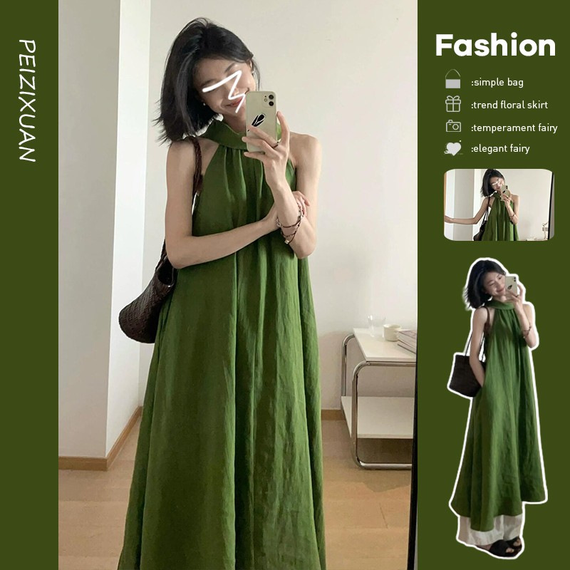 2024 Summer French Style Neck-Hanging Elegant Waist Lazy Style Holiday dress Mori Style White Shoulder Long Skirt