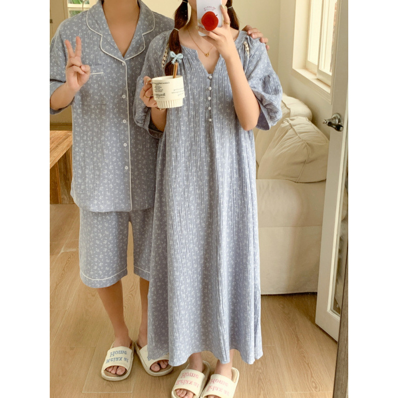 Real 2025 Couple Pajamas Nightgown Summer Short-sleeved Cotton Floral Hollow-out Casual Outwear Men's Suit