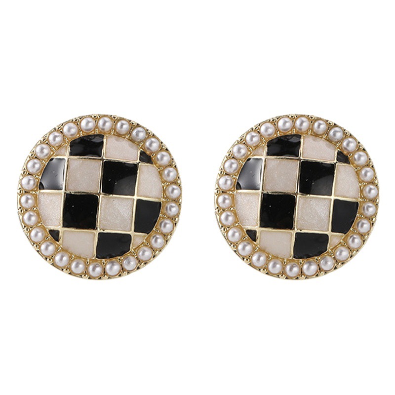 2023 New S925 Silver Needle Geometric Pearl Black and White Checkerboard Earrings Elegant Retro Simple Earrings Earrings for Women