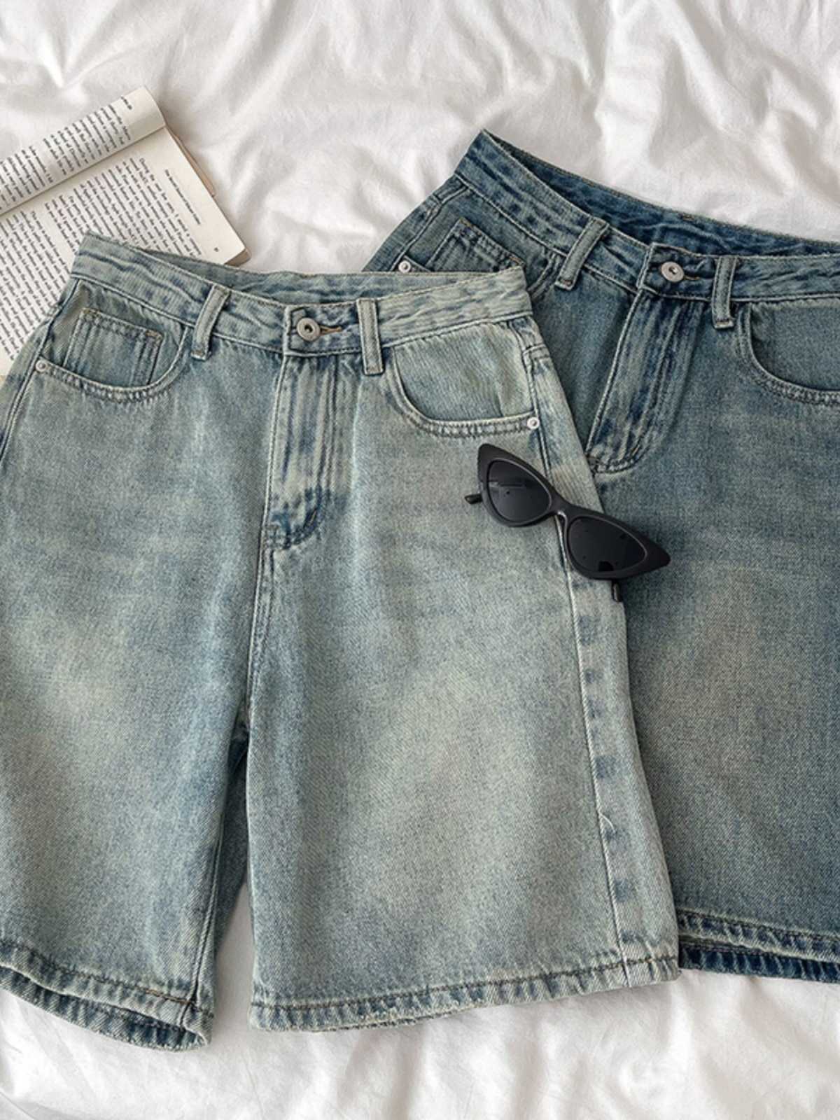 Fashionable Retro Distressed Jeans 2025 Summer New Women's Clothing Personalized Versatile High-Waisted Loose Wide-Leg Five-Quarter Pants
