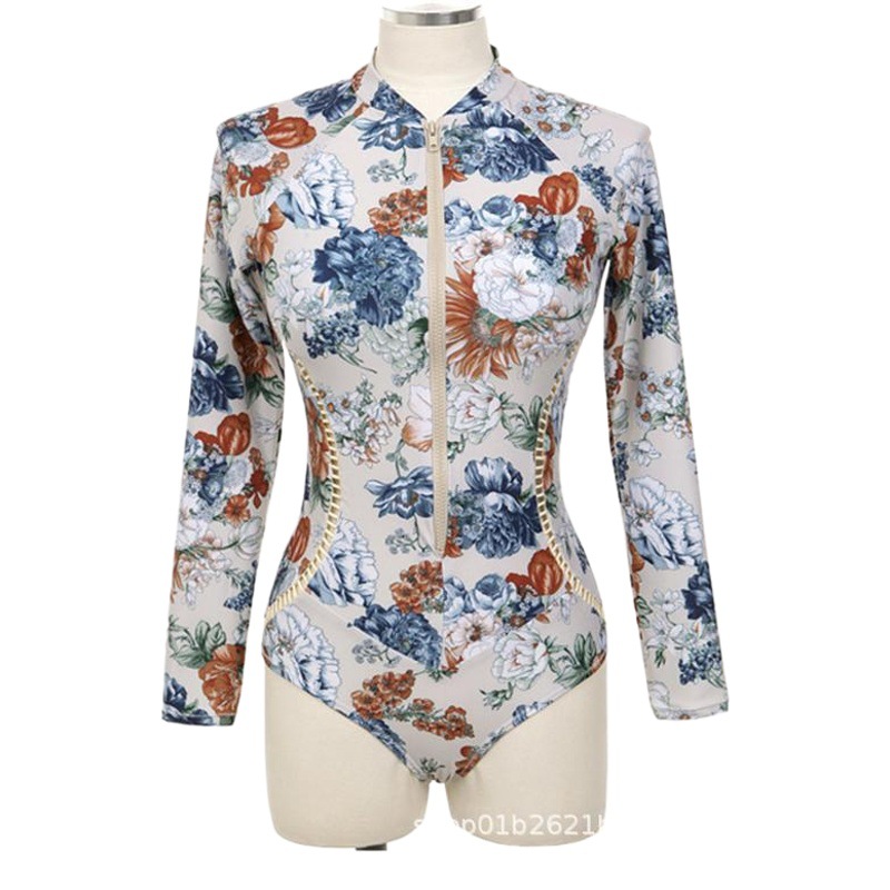 2024 South Korea New Swimwear Slim-fit Slimming Sunscreen Long-sleeved Zipper Floral Triangle Swimsuit Women