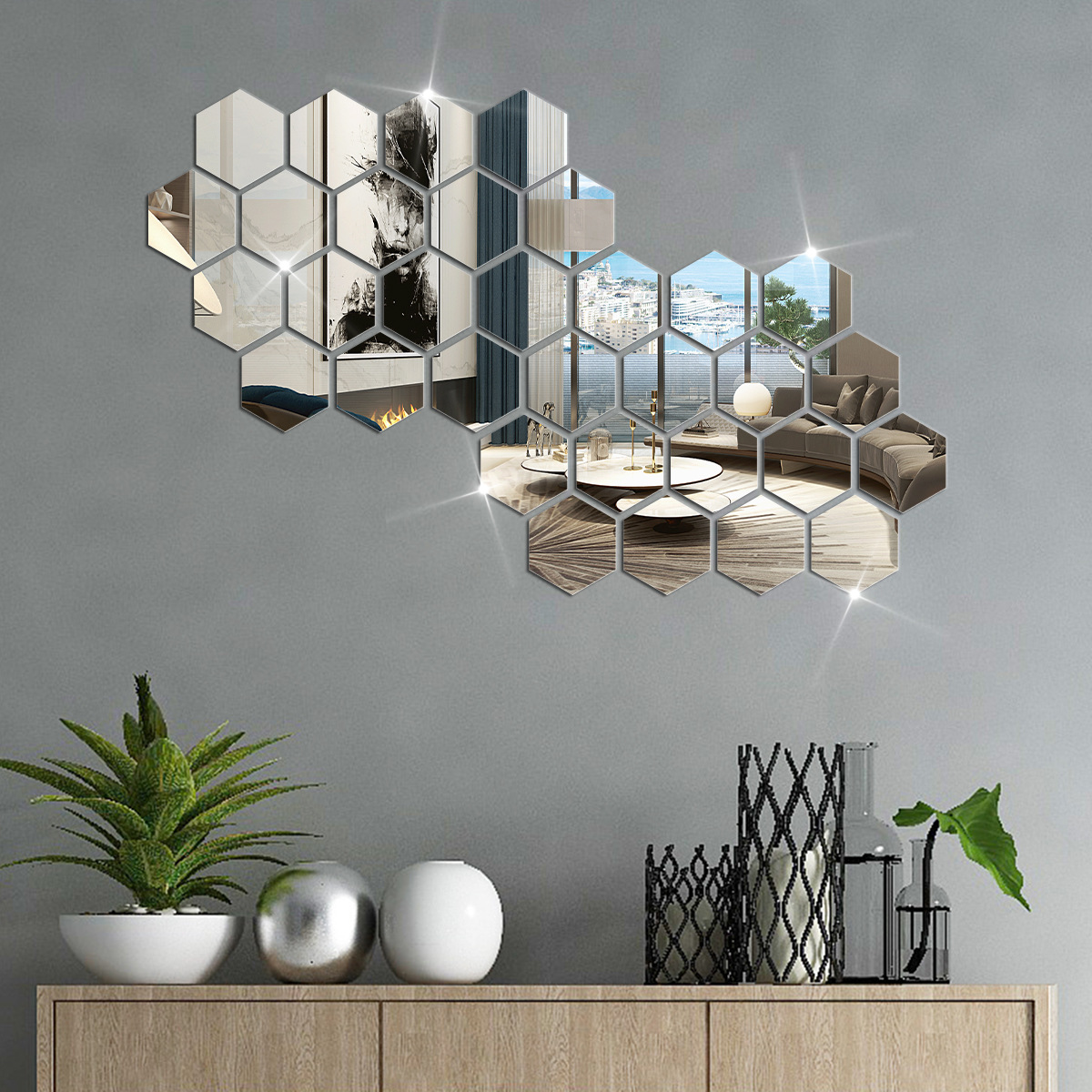 Cross-border hexagonal stitching acrylic mirror wall stickers living room TV sofa background wall lens decorative stickers