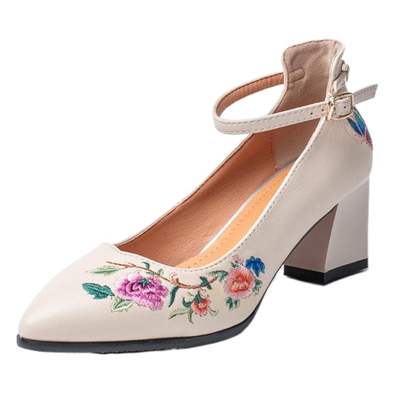 Casual Ethnic Style Shallow Mouth Leather Embroidered High Heels Pointed One Word Buckle Single Shoes Embroidered Thick Heel Single Shoes Wholesale