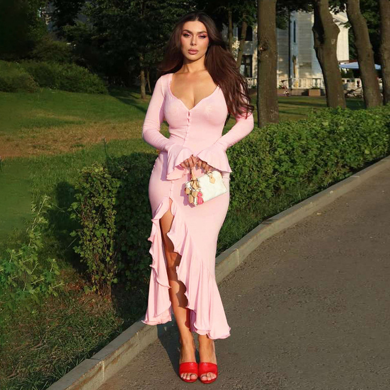 European and American Cross-Border Women's Clothing 2025 Summer New Fashion Sexy V-Neck Bell Sleeves Ruffled Slit Dress for Women