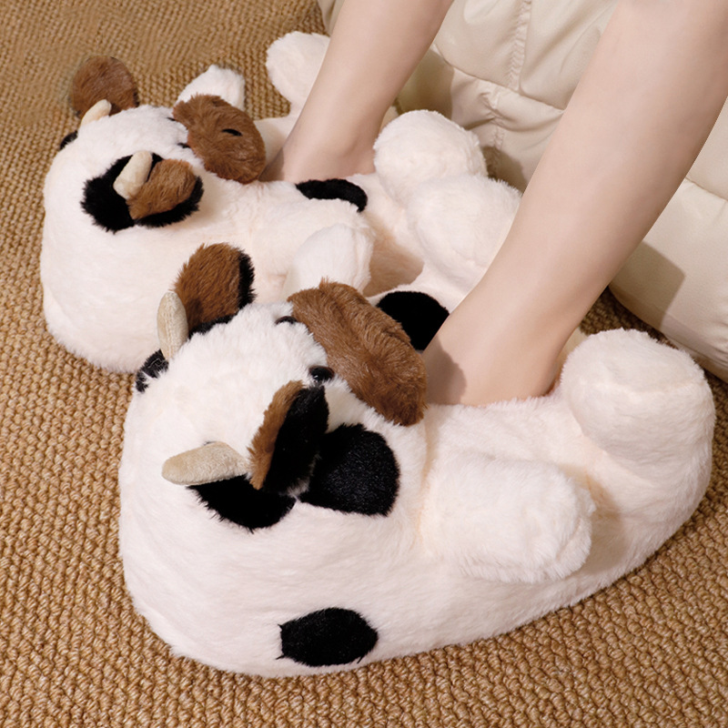 All-Inclusive Cartoon Little Cow Cotton Slippers for Men and Women Winter Indoor Warm Plush Home Shoes Ins