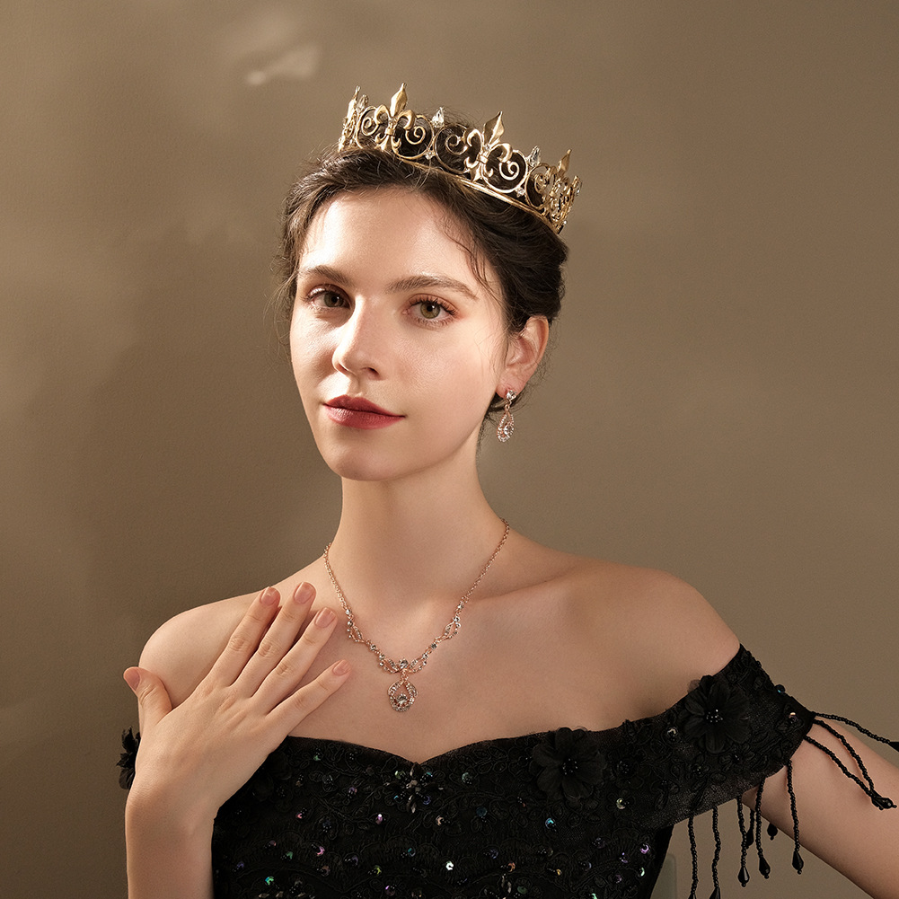 Picture of European and American classic jewelry vintage king crown round gold rhinestone alloy crown men's and women's party ball headdress