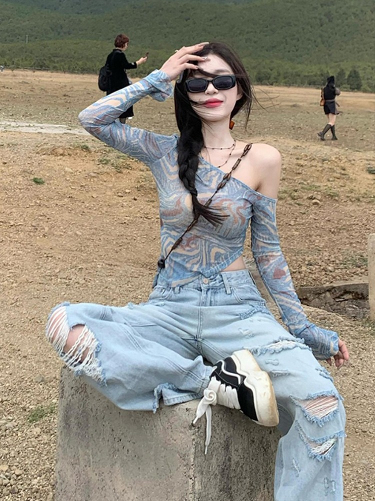 Picture of HoT Girl American ReTro Off-shoulder Long-sleeved T-shirT Women's Summer AsymmeTrical Slim Sexy Sun ProTecTion Mesh Blouse Top