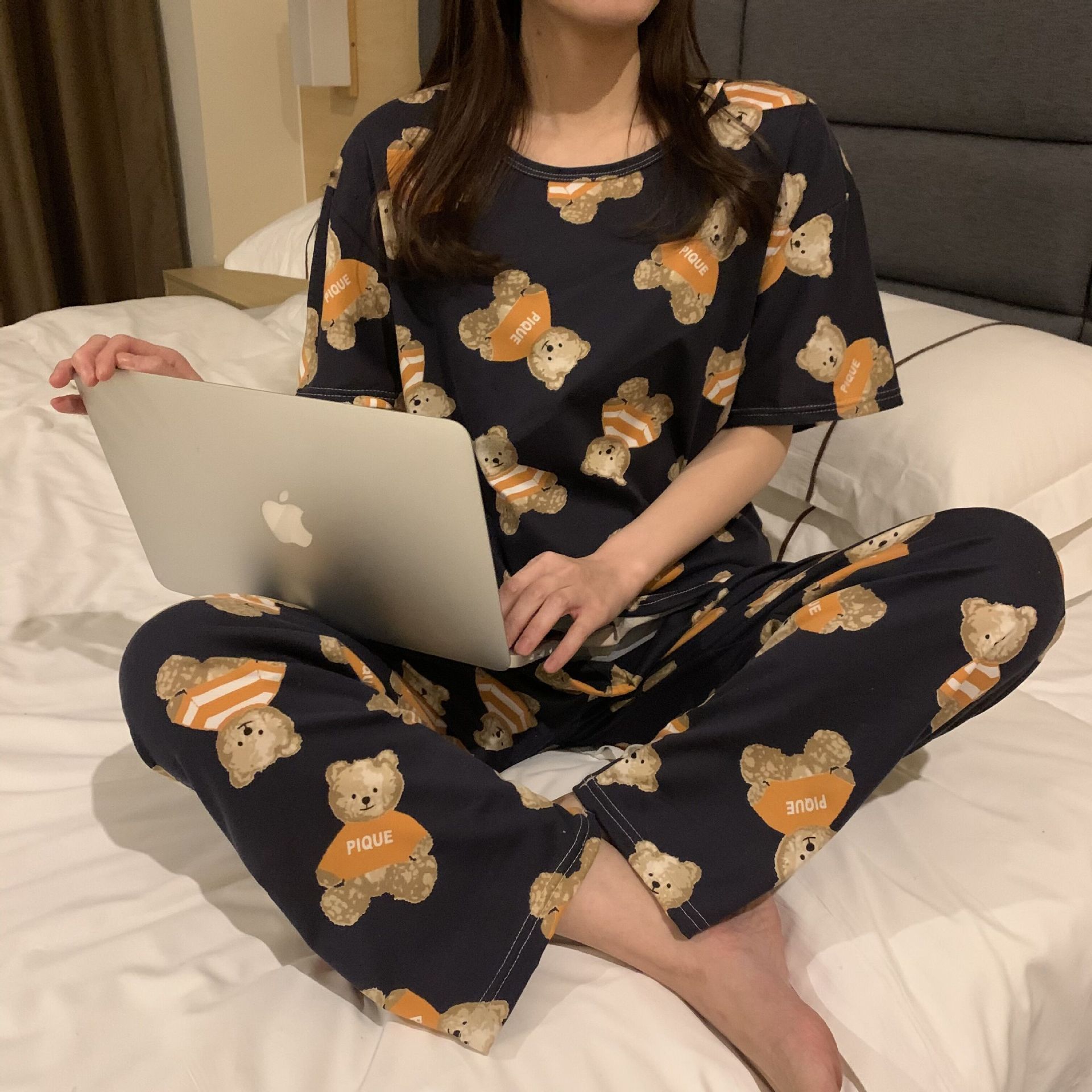 Picture of Pajamas Women's Spring and Autumn Summer Short-sleeved Trousers Large Size Loose Korean Style Fresh Cute Sweet Student Home Suit