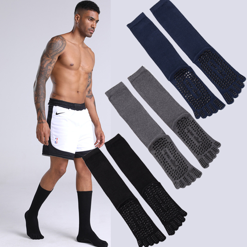 Men's Long Yoga Socks, Autumn Pilates Socks, Five-Toe Socks, Mid-Length Professional Sports Cotton Silicone Finger Socks