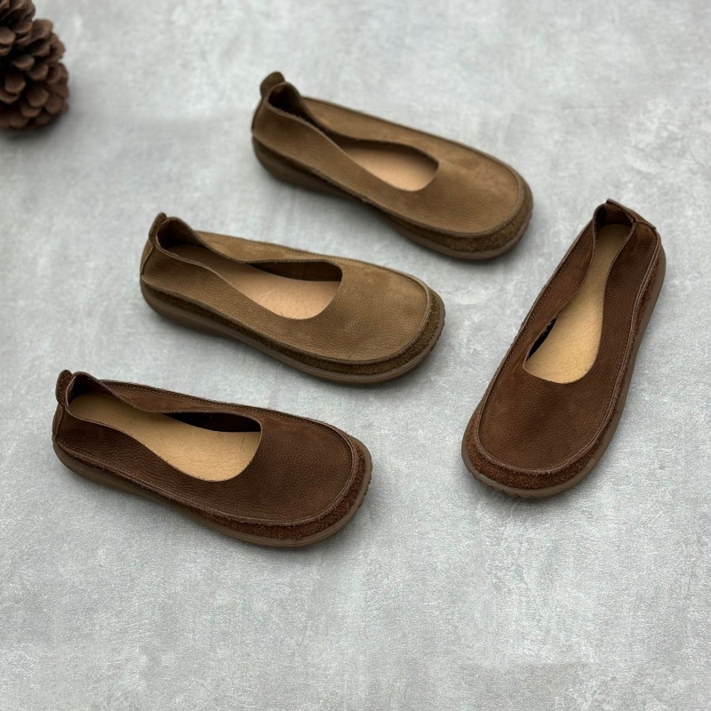 Handmade Genuine Leather Shoes for Women 24 Four Seasons Spring and Summer Flat Round Toe Simple Slip-on Socks Cowhide Milk Shoes for Women